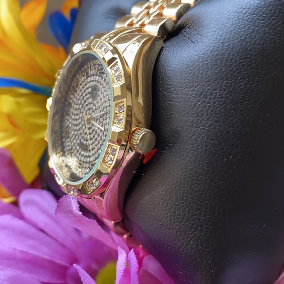 NEW* MEN GOLD BIG FACE CLASSY ICY WATCH CUBAN - Picture 4 of 7